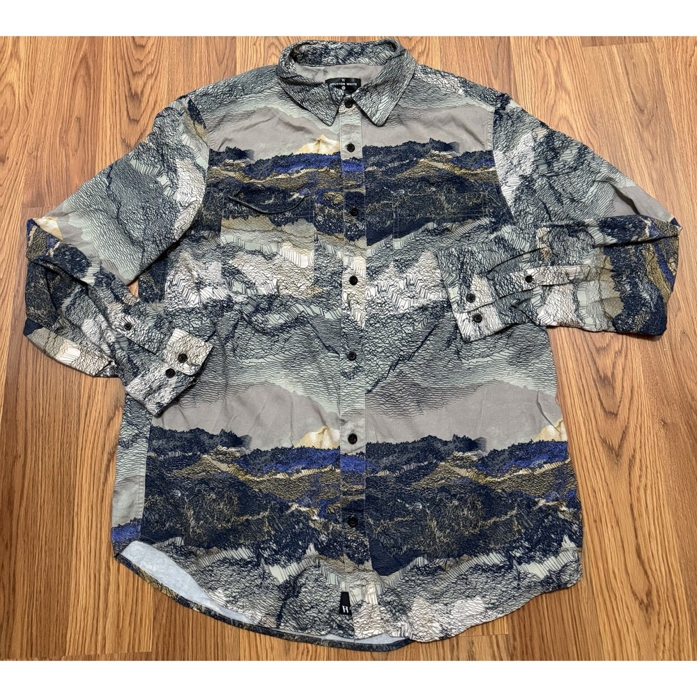 Mountain Landscape Print Shirt Mens Large Houston White Rayon Button Down